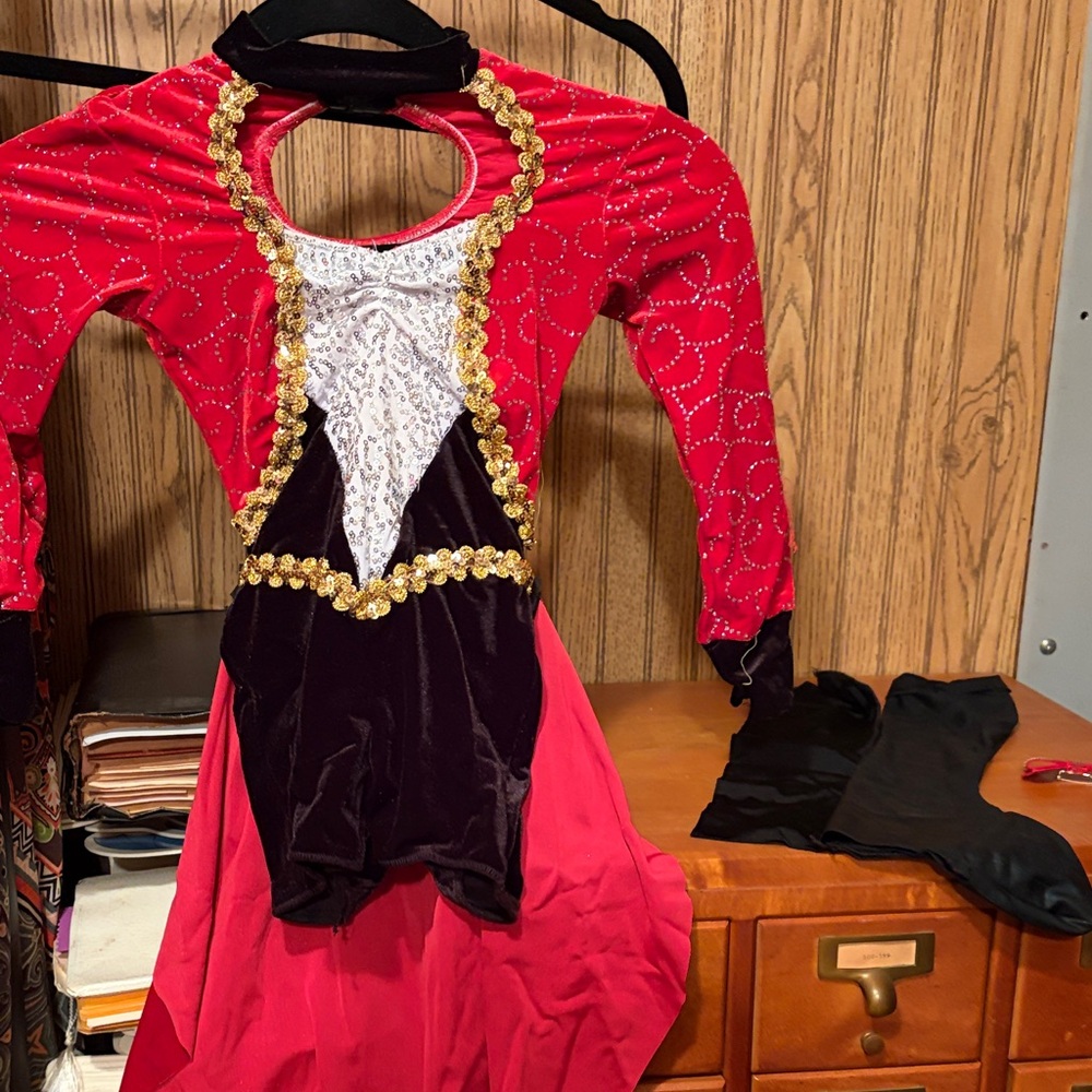 Charming Red and Black Kids Dance Costume with Gold Trim